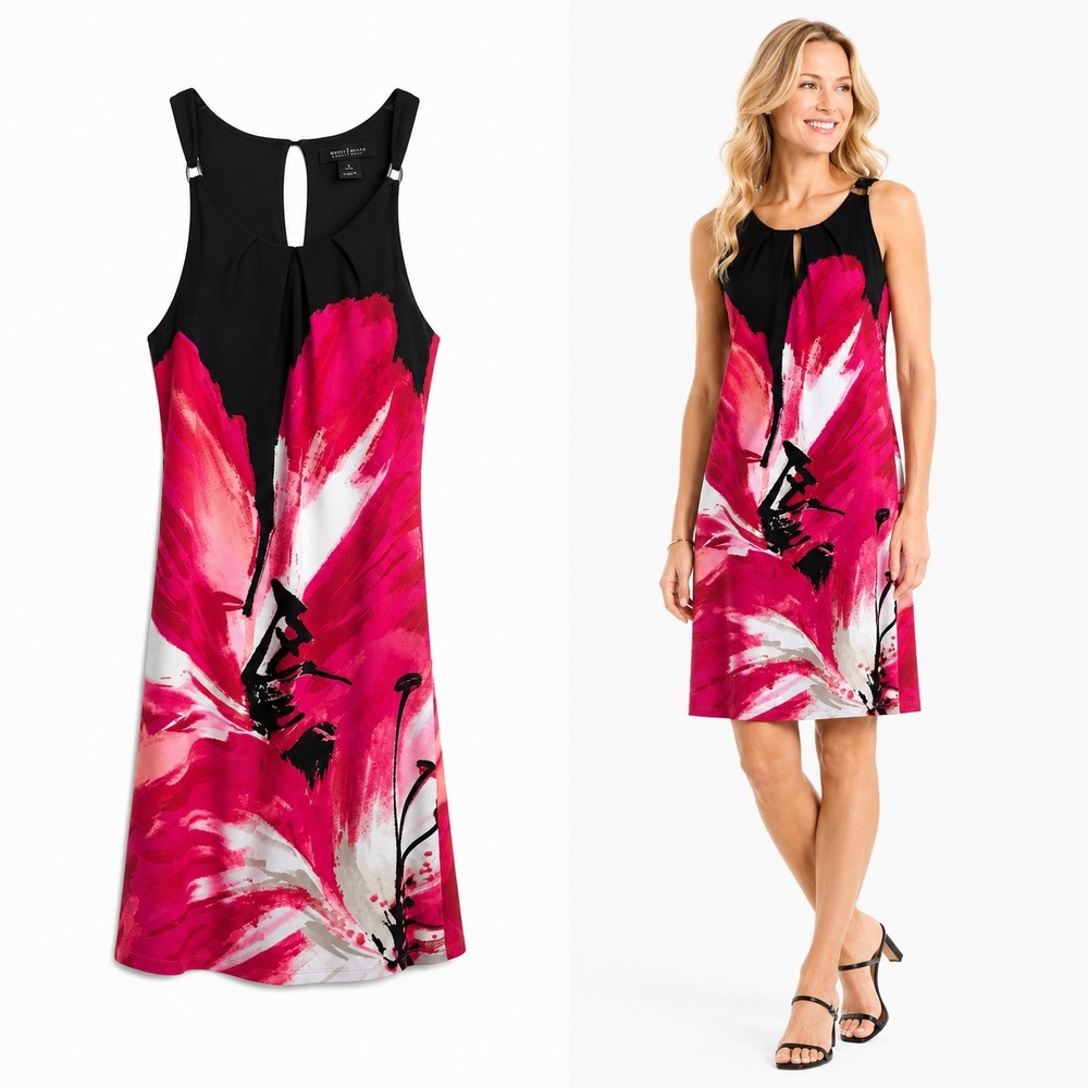 White House Black Market Dress‎ Womens Small Pink Black Floral Halter Keyhole S